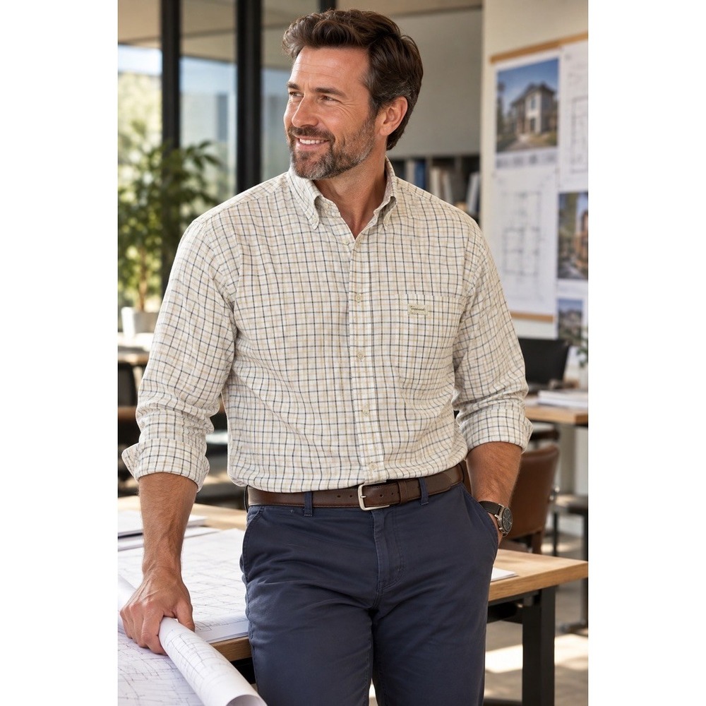 Faconnable Men Beige Green Plaid Button Down Shirt M Business Casual Work Office